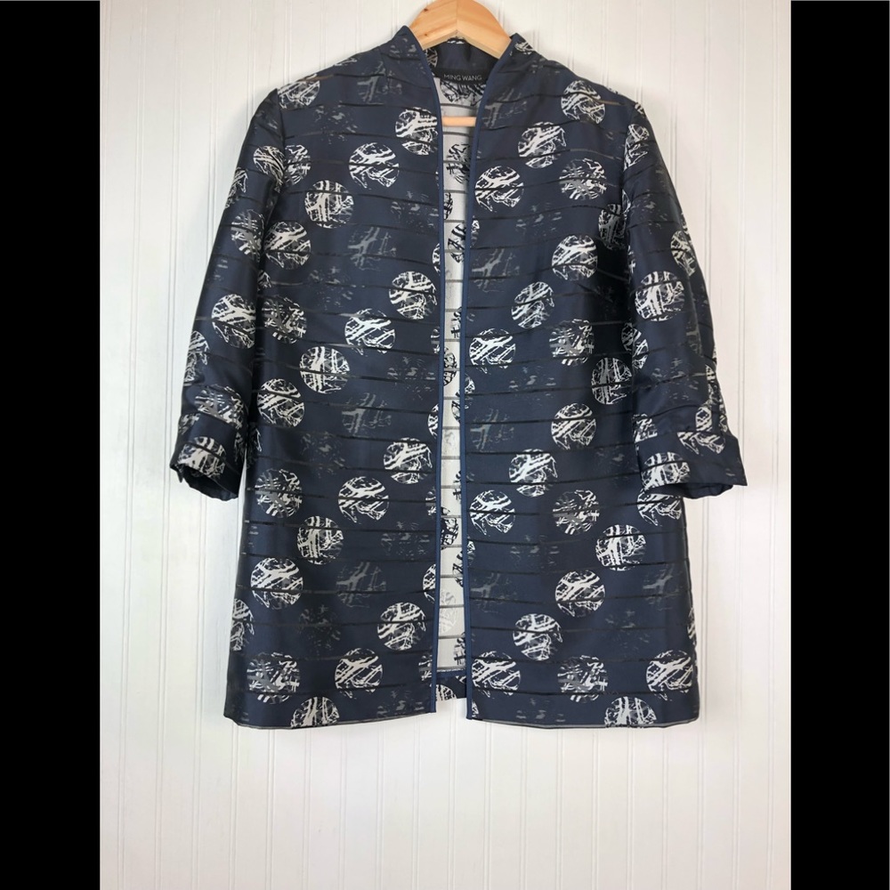 Ming Wang Women's Blue/White Semi-Sheer Open Front Lightweight Jacket Sz XS